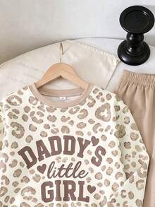 Tween Girls Leopard Print "DADDY'S Little Girl" Crew Neck Sweatshirt And Beige Wide Leg Sweatpants 2-Piece Set, Casual Autumn/Winter Sports Outfit - Multicolor - View 5