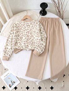 Tween Girls Leopard Print "DADDY'S Little Girl" Crew Neck Sweatshirt And Beige Wide Leg Sweatpants 2-Piece Set, Casual Autumn/Winter Sports Outfit - Multicolor - View 2