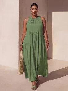 Veslaya Plus Size Solid Color Sleeveless Casual Vacation Dress Vacation Sage Green Summer - Green - View 1