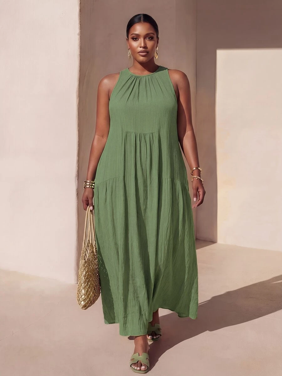 Veslaya Plus Size Solid Color Sleeveless Casual Vacation Dress Vacation Sage Green Summer - Green - View 1