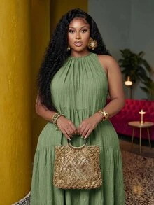 Veslaya Plus Size Solid Color Sleeveless Casual Vacation Dress Vacation Sage Green Summer - Green - View 6