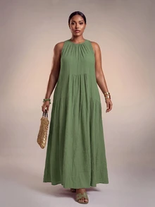 Veslaya Plus Size Solid Color Sleeveless Casual Vacation Dress Vacation Sage Green Summer - Green - View 3