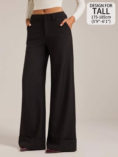 SHEIN Tall 여성용 가을/겨울 살구색 솔리드 컬러 트윌 우븐 버튼 포켓 미니멀리스트 로우 웨이스트 롱 팬츠, 캐주얼 데일리웨어, 출퇴근에 적합, 캐주얼 외출, 올드머니 스타일, 오피스 사이렌, 오피스 바지, 오피스 의류, 캐주얼 스트리트웨어
