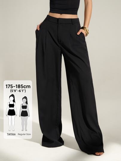 SHEIN Tall Pantalones de pierna ancha con cintura alta y pliegues estilo Old Money para mujeres, pantalones negros de invierno modestos para uso casual de negocios en la oficina, pantalones sueltos elegantes y de unicolor con corte chic para el trabajo, para mujeres altas