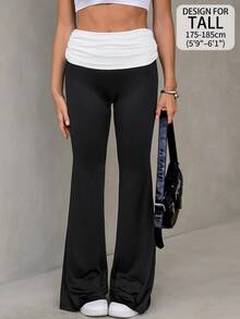 SHEIN Tall 對比色摺腰喇叭褲，適合高個女性 - 黑色 - 查看 8