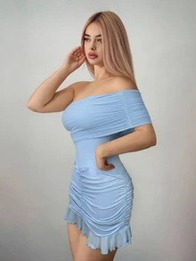 Sweetina 合身不对称网眼露肩迷你连衣裙 - 淺藍色 - 查看 5