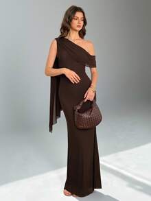 SHEIN Tall Women's Elegant Solid Color Asymmetrical Shoulder Dress, Prom Dinner Formal Summer Wedding Guest One Long, Tall Dark Brown - Brown - View 6