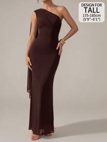 SHEIN Tall Women's Elegant Solid Color Asymmetrical Shoulder Dress, Prom Dinner Formal Summer Wedding Guest One Long, Tall Dark Brown - Brown - View 2