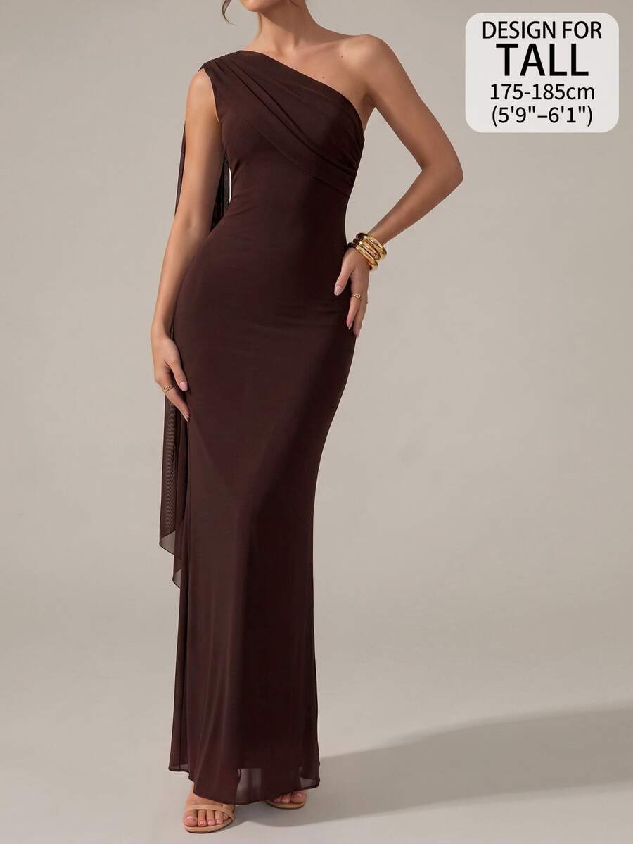 SHEIN Tall Women's Elegant Solid Color Asymmetrical Shoulder Dress, Prom Dinner Formal Summer Wedding Guest One Long, Tall Dark Brown