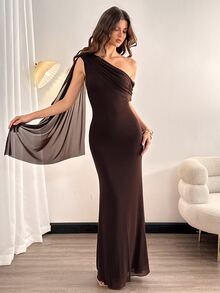 SHEIN Tall Women's Elegant Solid Color Asymmetrical Shoulder Dress, Prom Dinner Formal Summer Wedding Guest One Long, Tall Dark Brown - Brown - View 12