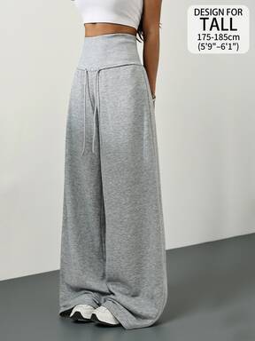 SHEIN Tall 여성용 그레이 니트 플리스 드로스트링 허리 루즈핏 와이드 레그 스웨트팬츠, 겨울 캐주얼 라운지 팬츠, 가을 개학 아웃핏, 교사 졸업 의류, 키 큰 여성용