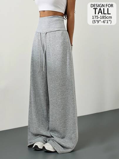 SHEIN Tall Pantalones de chándal de mujer de punto gris con cordón en la cintura, pierna ancha y sueltos, pantalones de descanso casual de invierno, atuendos de vuelta al colegio de otoño, ropa de graduación para profesoras, para mujeres altas