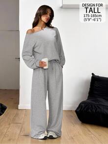 SHEIN Tall 女款休閒灰色秋季居家兩件套，露肩長袖衛衣搭配鬆緊腰高腰長褲，街頭風穿搭，適合高個女性 - 灰色 - 查看 12
