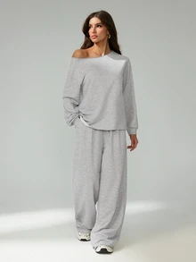 SHEIN Tall 女款休閒灰色秋季居家兩件套，露肩長袖衛衣搭配鬆緊腰高腰長褲，街頭風穿搭，適合高個女性 - 灰色 - 查看 10