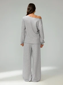 SHEIN Tall 女款休閒灰色秋季居家兩件套，露肩長袖衛衣搭配鬆緊腰高腰長褲，街頭風穿搭，適合高個女性 - 灰色 - 查看 3