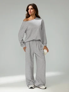 SHEIN Tall 女款休閒灰色秋季居家兩件套，露肩長袖衛衣搭配鬆緊腰高腰長褲，街頭風穿搭，適合高個女性 - 灰色 - 查看 8
