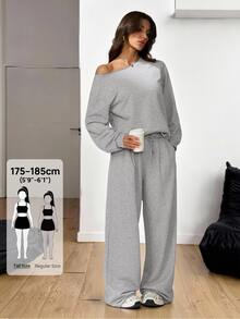 SHEIN Tall 女款休閒灰色秋季居家兩件套，露肩長袖衛衣搭配鬆緊腰高腰長褲，街頭風穿搭，適合高個女性 - 灰色 - 查看 4