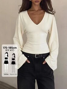 SHEIN Tall Casual mångsidig enfärgad topp med klockärm för kvinnor - Beige - Visa 3