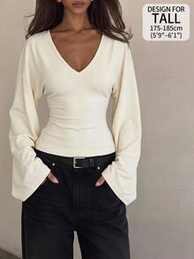 SHEIN Tall Casual mångsidig enfärgad topp med klockärm för kvinnor - Beige - Visa 10