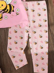 SHEIN Vintaside Kids 1套女童可愛休閒田園風卡通蜜蜂印花短袖T恤與蜜蜂條紋印花內搭褲套裝，適合夏季出遊 - 彩色 - 查看 5