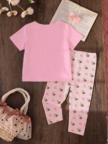 SHEIN Vintaside Kids 1套女童可愛休閒田園風卡通蜜蜂印花短袖T恤與蜜蜂條紋印花內搭褲套裝，適合夏季出遊 - 彩色 - 查看 2