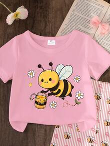 SHEIN Vintaside Kids 1套女童可愛休閒田園風卡通蜜蜂印花短袖T恤與蜜蜂條紋印花內搭褲套裝，適合夏季出遊 - 彩色 - 查看 4