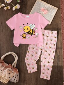 SHEIN Vintaside Kids 1套女童可愛休閒田園風卡通蜜蜂印花短袖T恤與蜜蜂條紋印花內搭褲套裝，適合夏季出遊 - 彩色 - 查看 3