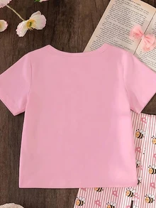 SHEIN Vintaside Kids 1套女童可愛休閒田園風卡通蜜蜂印花短袖T恤與蜜蜂條紋印花內搭褲套裝，適合夏季出遊 - 彩色 - 查看 6