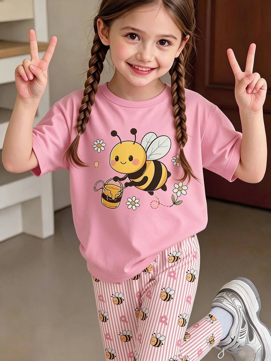 SHEIN Vintaside Kids 1套女童可愛休閒田園風卡通蜜蜂印花短袖T恤與蜜蜂條紋印花內搭褲套裝,適合夏季出遊 - 彩色 - 查看 1