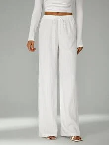 SHEIN Tall Loose Drawstring Waist Trousers In Textured Crinkle Fabric, Tall Women Beach White Autumn Casual - White - View 10