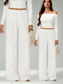 SHEIN Tall Loose Drawstring Waist Trousers In Textured Crinkle Fabric, Tall Women Beach White Autumn Casual - White - View 4