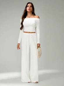 SHEIN Tall Loose Drawstring Waist Trousers In Textured Crinkle Fabric, Tall Women Beach White Autumn Casual - White - View 8