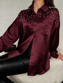 Juhart Versatile Premium Heavy Beaded Plus Size Women's Blouse - Burgundy - View 4