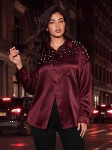 Juhart Versatile Premium Heavy Beaded Plus Size Women's Blouse - Burgundy - View 1