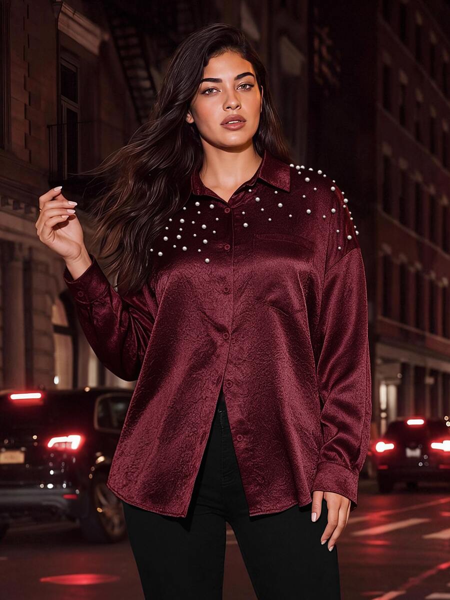 Juhart Versatile Premium Heavy Beaded Plus Size Women's Blouse - Burgundy - View 1