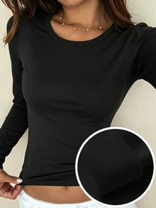 DAZY Women's Winter Versatile Solid Color Thermal Lined T-Shirt Home Black Casual Basic Basic Minimalist Long Sleeve Everyday Lounge Office - Black - View 4