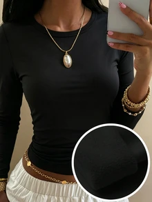 DAZY Women's Winter Versatile Solid Color Thermal Lined T-Shirt Home Black Casual Basic Basic Minimalist Long Sleeve Everyday Lounge Office - Black - View 3