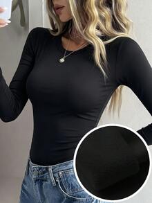 DAZY Women's Winter Versatile Solid Color Thermal Lined T-Shirt Home Black Casual Basic Basic Minimalist Long Sleeve Everyday Lounge Office - Black - View 6