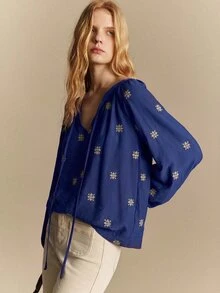 Écloséra Women's Spring/Autumn Commute, Outing, Date Ditsy Floral Design Decorative Long Sleeve Blouse - Blue - View 6