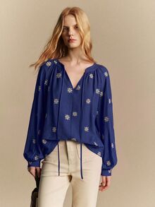Écloséra Women's Spring/Autumn Commute, Outing, Date Ditsy Floral Design Decorative Long Sleeve Blouse - Blue - View 1