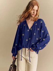 Écloséra Women's Spring/Autumn Commute, Outing, Date Ditsy Floral Design Decorative Long Sleeve Blouse - Blue - View 3