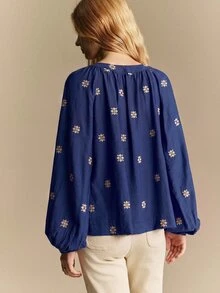 Écloséra Women's Spring/Autumn Commute, Outing, Date Ditsy Floral Design Decorative Long Sleeve Blouse - Blue - View 2