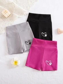 SHEIN 3pcs/Set Young Girl Heart Pattern Knit Shorts,Summer Gym Seamless High-Waisted Solid Color Leggings For Casual Daily Wear School & Party Occasions - Multicolor - View 5