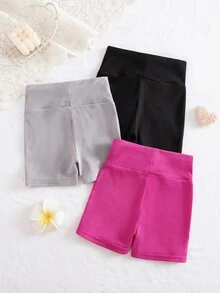 SHEIN 3pcs/Set Young Girl Heart Pattern Knit Shorts,Summer Gym Seamless High-Waisted Solid Color Leggings For Casual Daily Wear School & Party Occasions - Multicolor - View 6