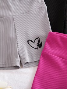 SHEIN 3pcs/Set Young Girl Heart Pattern Knit Shorts,Summer Gym Seamless High-Waisted Solid Color Leggings For Casual Daily Wear School & Party Occasions - Multicolor - View 11