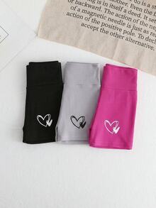 SHEIN 3pcs/Set Young Girl Heart Pattern Knit Shorts,Summer Gym Seamless High-Waisted Solid Color Leggings For Casual Daily Wear School & Party Occasions - Multicolor - View 4