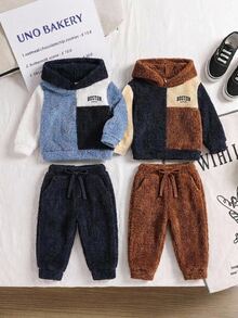 SHEIN 2pcs Baby Boy Fleece Lined Thick Colorblock Patchwork Letter Print Crew Neck Long Sleeve Pullover Autumn Winter Sweatshirts - Multicolor - View 2