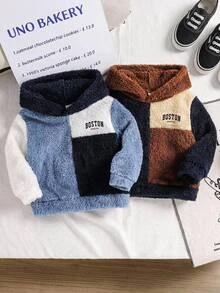 SHEIN 2pcs Baby Boy Fleece Lined Thick Colorblock Patchwork Letter Print Crew Neck Long Sleeve Pullover Autumn Winter Sweatshirts - Multicolor - View 5