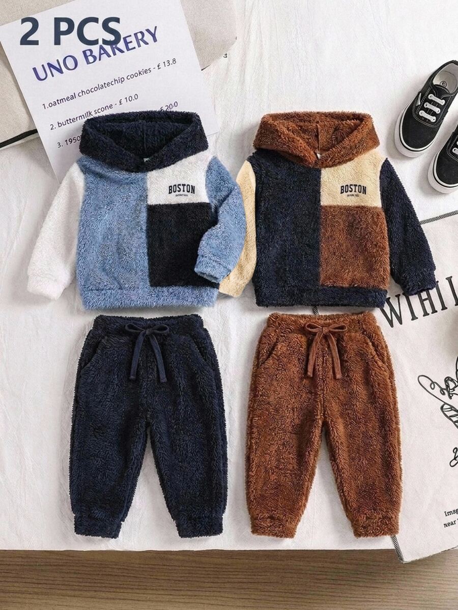 SHEIN 2pcs Baby Boy Fleece Lined Thick Colorblock Patchwork Letter Print Crew Neck Long Sleeve Pullover Autumn Winter Sweatshirts - Multicolor - View 1