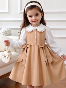 SHEIN Elladie kids 女童柔軟卡其色純白色泡泡長袖洋裝，秋季返校休閒公主仙女風針織寬鬆抓皺度假裙，7歲生日 - 卡其色 - 查看 2